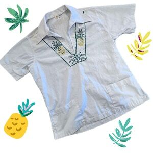 Vintage 70’s Island Tunic Embroidery Pineapple Dagger Collar Pockets Sz Large